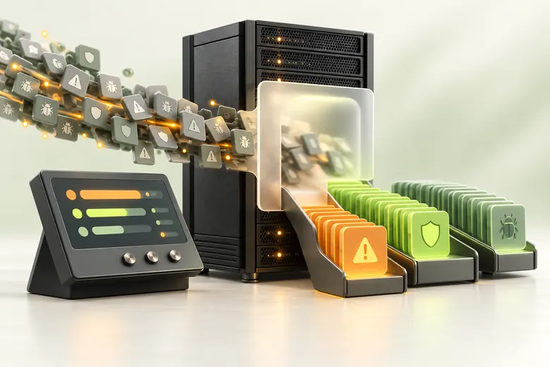 A stream of findings beside a server rack is sorted into three priority queues.